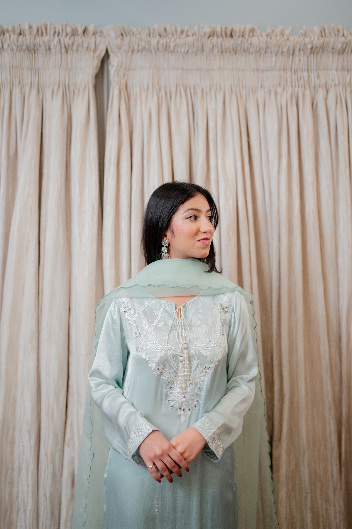 Pure korean Silk A line long shirt and trouser with Organza Dupatta - Image 4