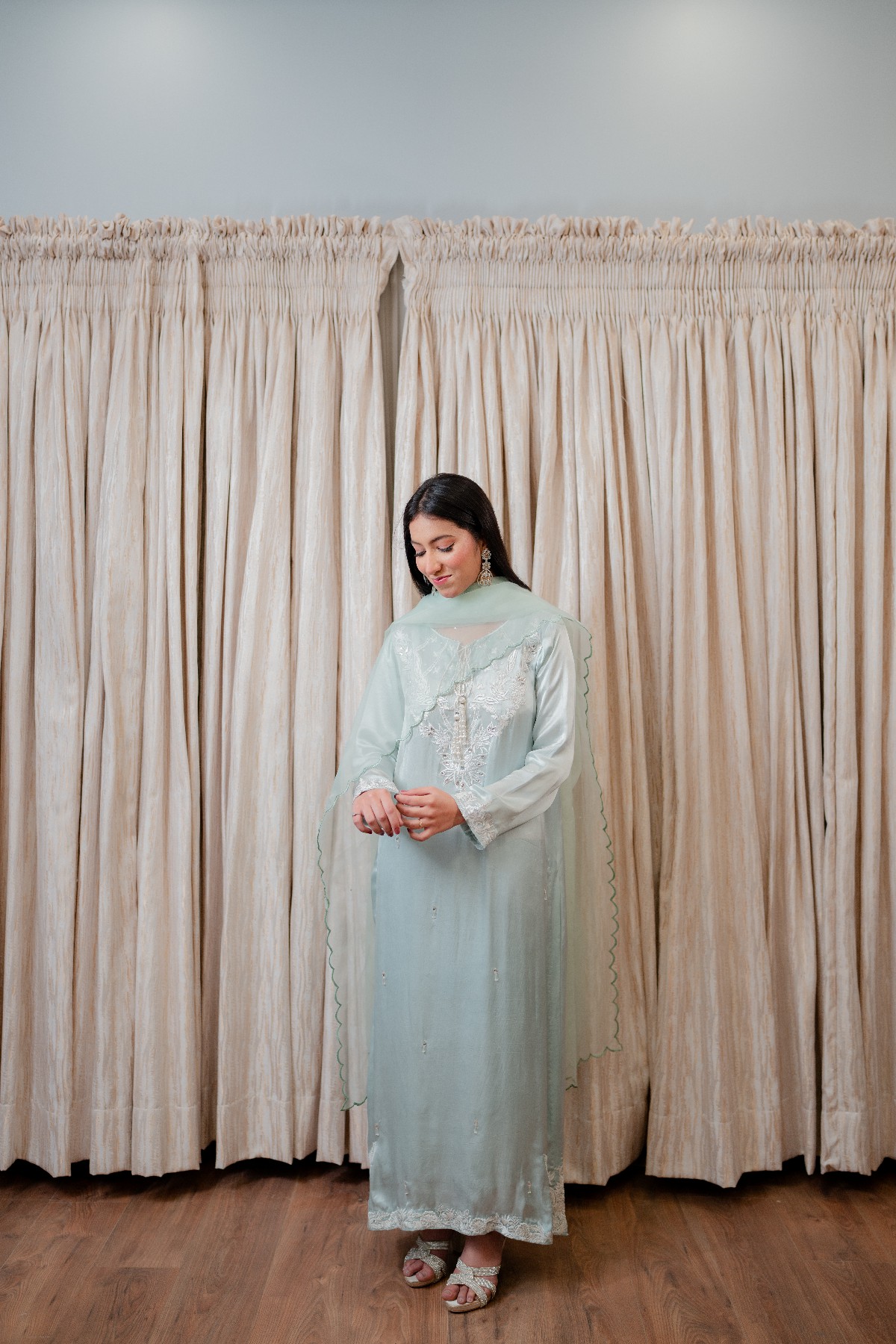 Pure korean Silk A line long shirt and trouser with Organza Dupatta - Image 3