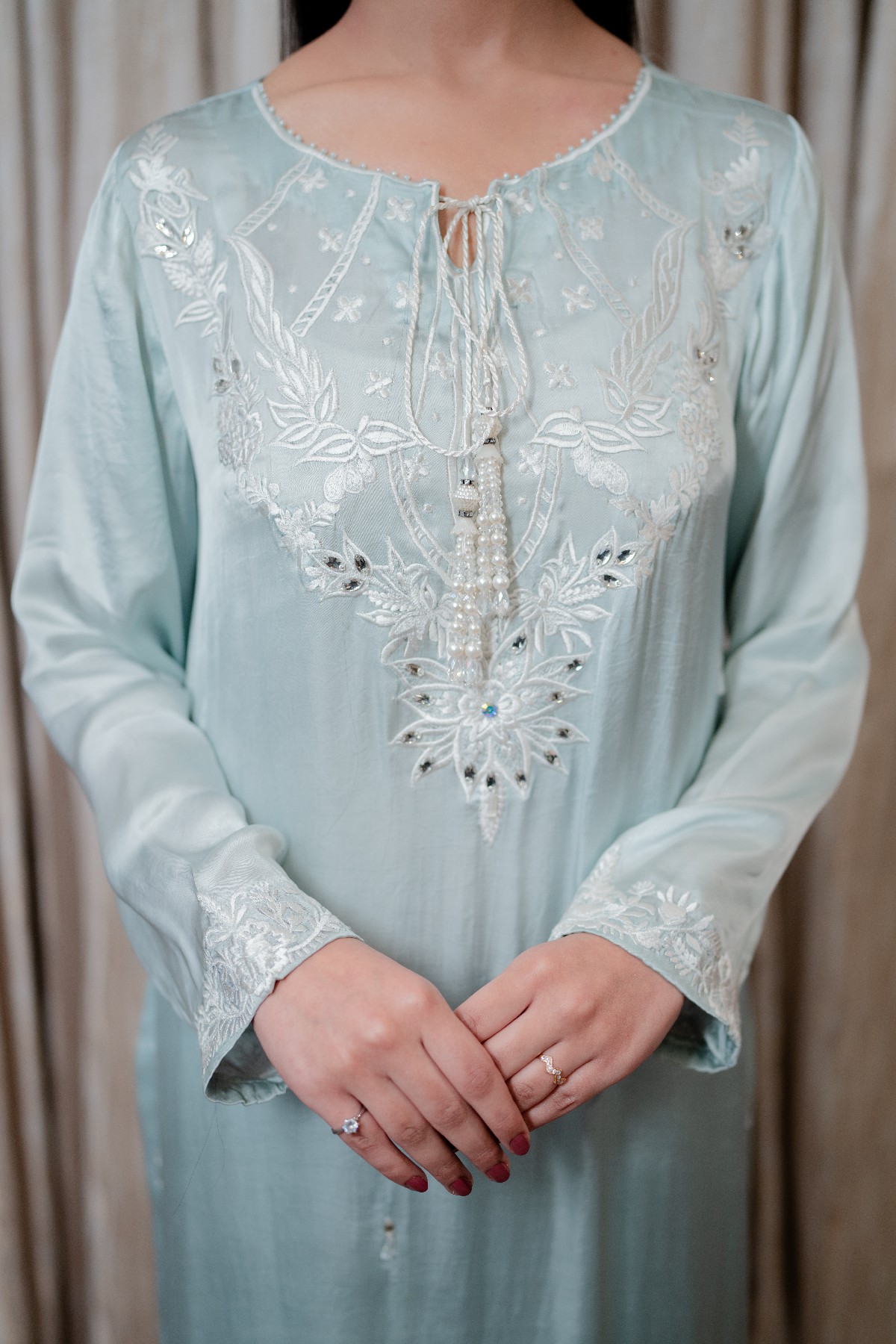 Pure korean Silk A line long shirt and trouser with Organza Dupatta - Image 5