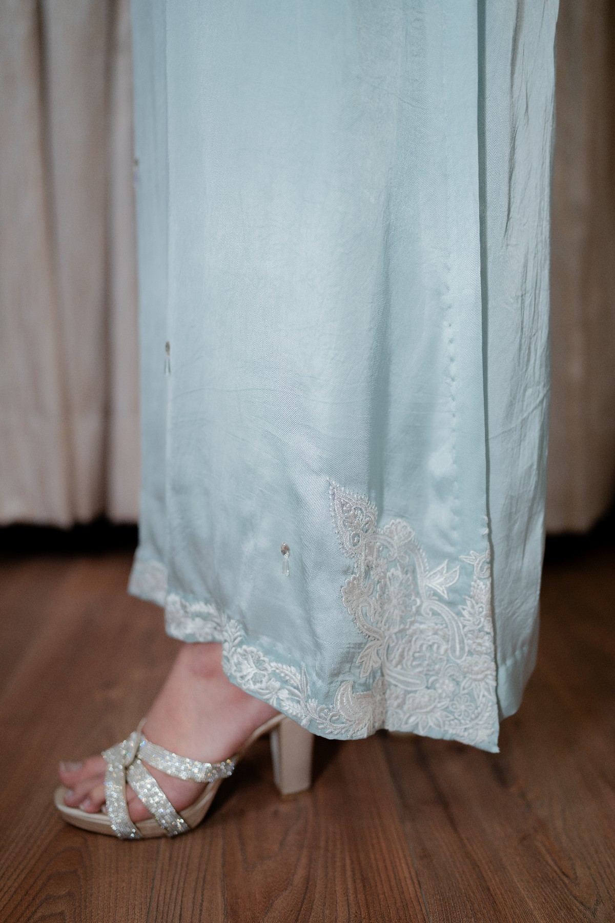 Pure korean Silk A line long shirt and trouser with Organza Dupatta - Image 6